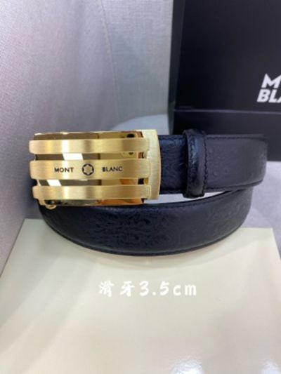 1:1  Montblanc Black Leather Belt with Gold Logo Buckle Steel  Buckle 3.5cm